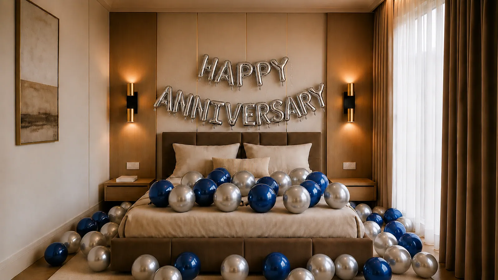 Anniversary hotel room decoration — Blue & Silver, Deluxe package