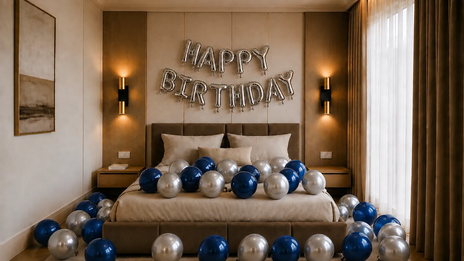 Birthday hotel room decoration — Blue & Silver, Deluxe package