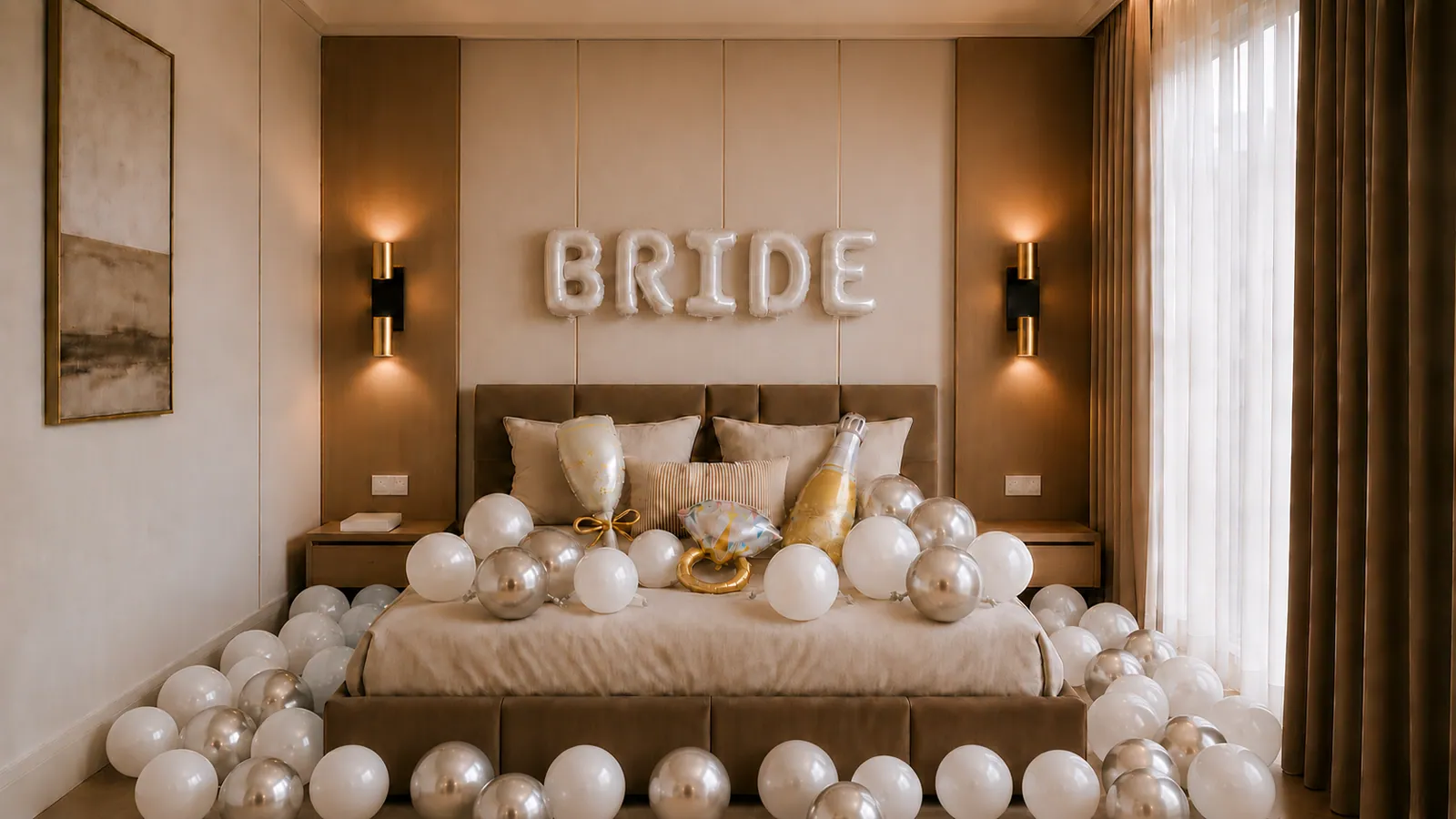 Bride-to-Be hotel room decoration — White & Silver, Deluxe package