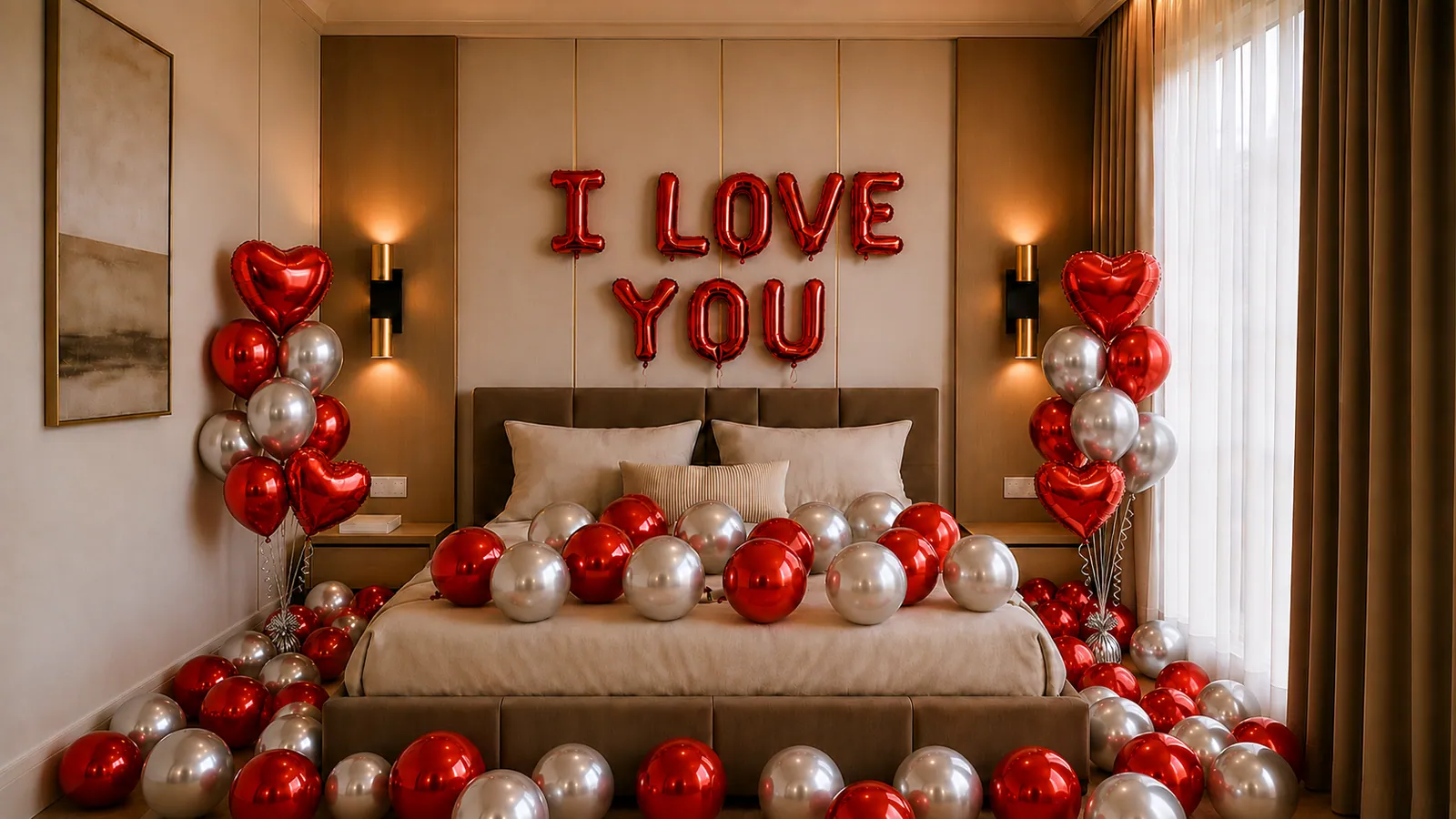 Hotel room in Prague decorated with red and silver balloons and “I Love You” foil letters